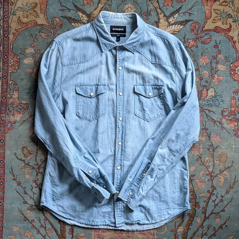 Bonobos blue western pearl snap cowboy denim chambray cotton slim fit shirt L